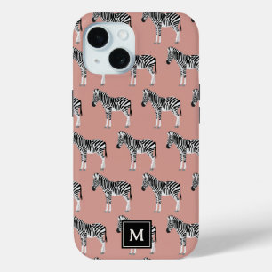 Zebra Exotic Animal Pattern Blush Pink Monogram iPhone 15 Case