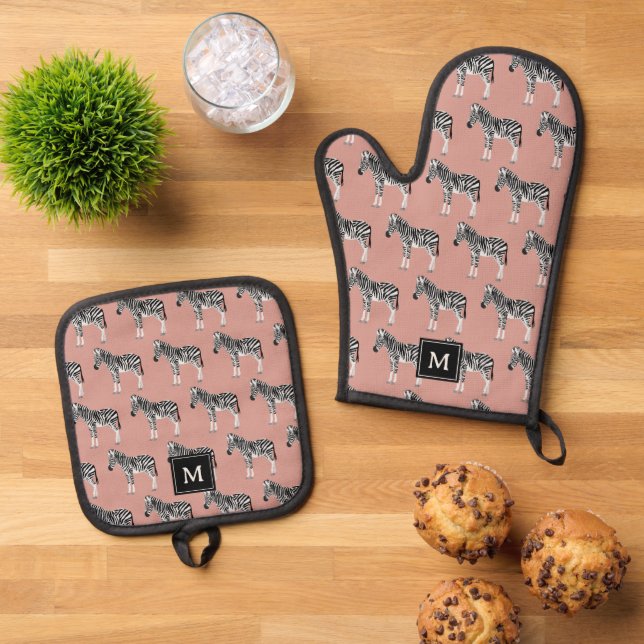 Zebra Exotic Animal Pattern Blush Pink Monogram Oven Mitt & Pot Holder Set (Top Down)