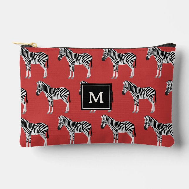 Zebra Exotic Animal Pattern Deep Red Monogram Accessory Pouch (Front)