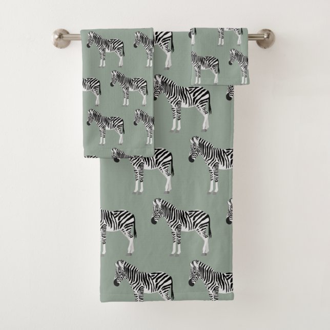 Zebra Exotic Animal Pattern Sage Green  Bath Towel Set (Insitu)
