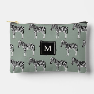 Zebra Exotic Animal Pattern Sage Green Monogram Accessory Pouch