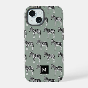 Zebra Exotic Animal Pattern Sage Green Monogram iPhone 15 Case