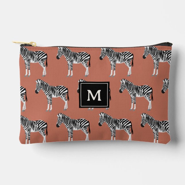 Zebra Exotic Animal Pattern Terracotta Monogram Accessory Pouch (Front)