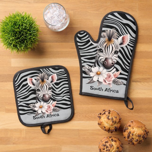 Zebra face boho floral safari jungle animals oven mitt & pot holder set (Top Down)