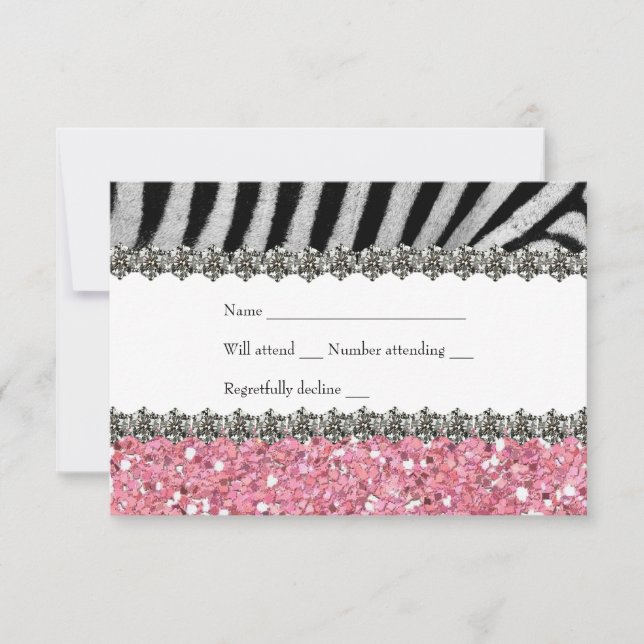 Zebra Faux Rhinestone Pink Glitter RSVP (Front)