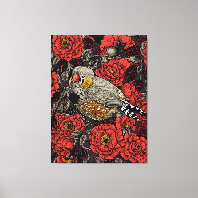 Zebra finch and red rose bush canvas print (Front)