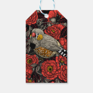 Zebra finch and red rose bush gift tags