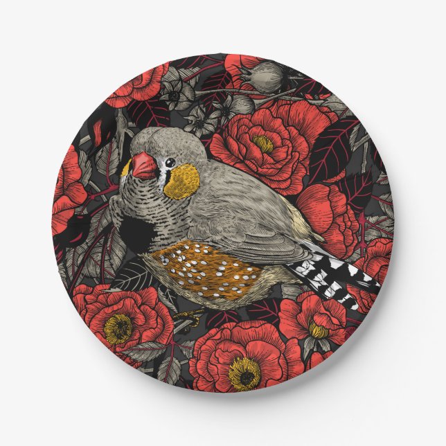 Zebra finch and red rose bush paper plate (Front)
