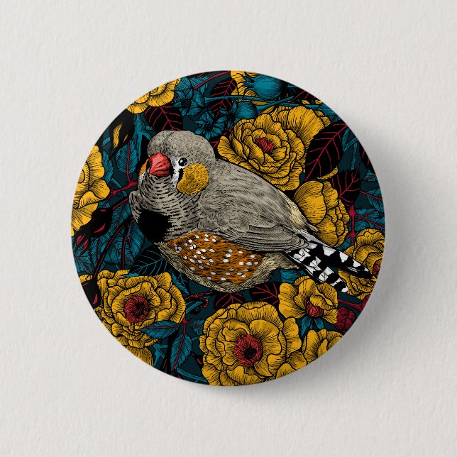 Zebra finch and rose bush 6 cm round badge (Front)