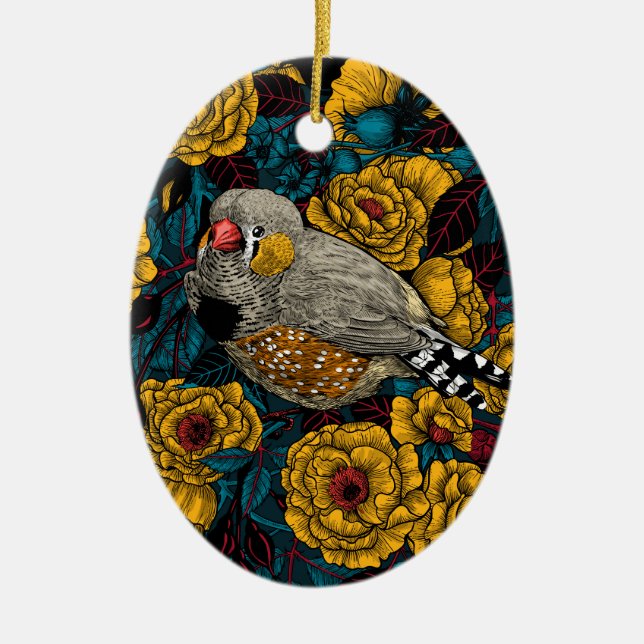 Zebra finch and rose bush ceramic tree decoration (Front)