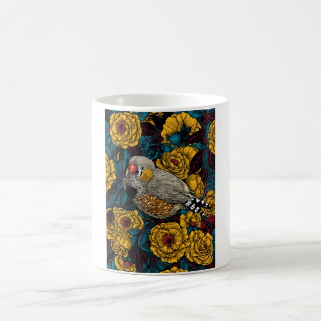 Zebra finch and rose bush coffee mug (Center)
