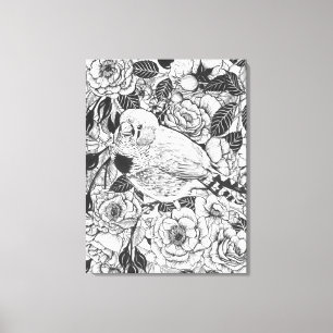 Zebra finch and rose bush ink drawing canvas print