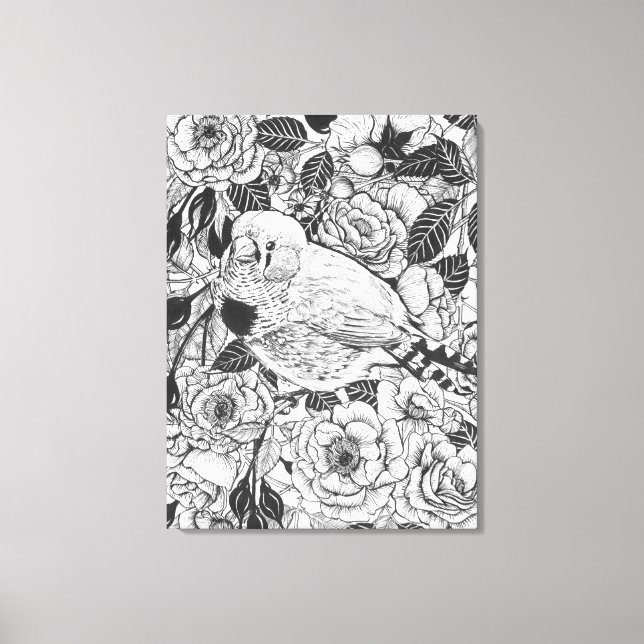 Zebra finch and rose bush ink drawing canvas print (Front)