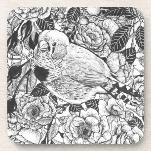 Zebra finch and rose bush ink drawing coaster