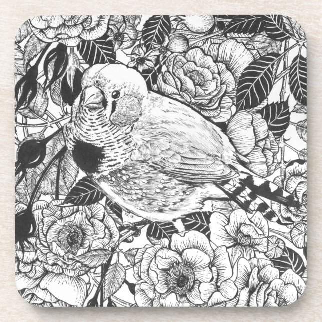 Zebra finch and rose bush ink drawing coaster (Front)