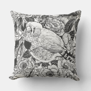 Zebra finch and rose bush ink drawing cushion