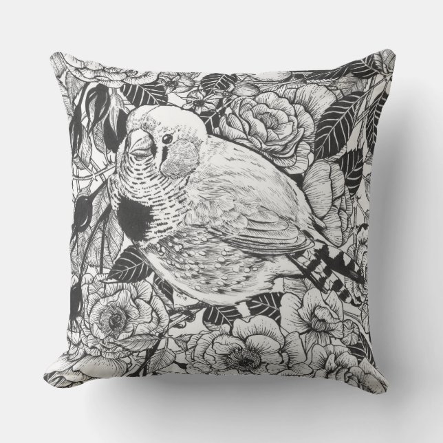 Zebra finch and rose bush ink drawing cushion (Front)