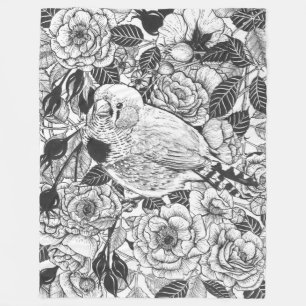 Zebra finch and rose bush ink drawing fleece blanket