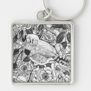 Zebra finch and rose bush ink drawing key ring