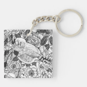 Zebra finch and rose bush ink drawing key ring