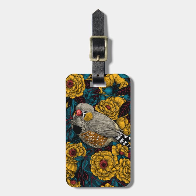 Zebra finch and rose bush luggage tag (Front Vertical)