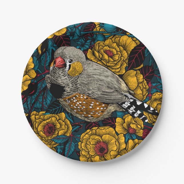 Zebra finch and rose bush paper plate (Front)