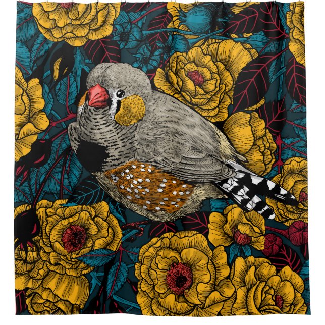 Zebra finch and rose bush shower curtain (Front)