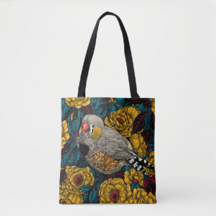 Zebra finch and rose bush tote bag
