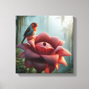 Zebra Finch Resting on Giant Rafflesia in Jungle  Canvas Print