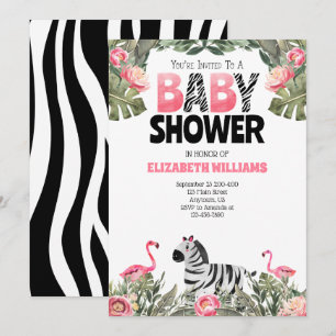 Zebra Flamingos Pink Black Baby Shower Invitation