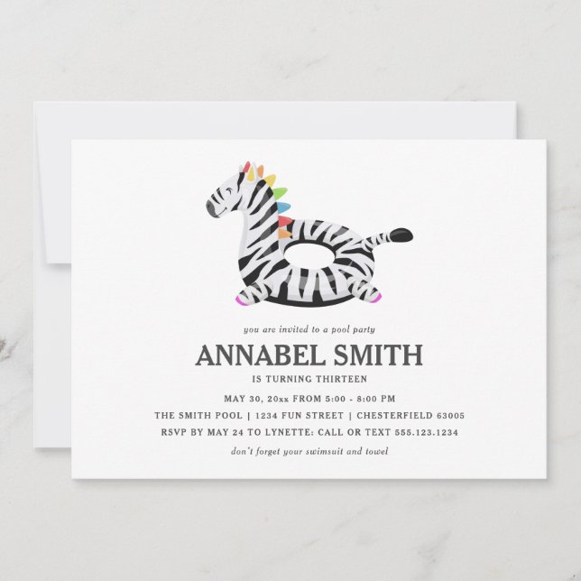 Zebra Float Birthday Pool Party Invitation (Front)