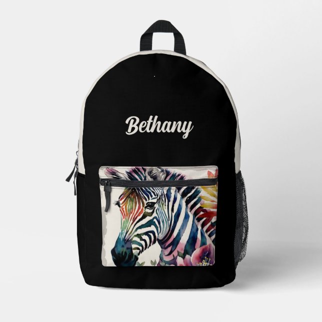 Zebra Floral Watercolor Art Black Beige Printed Backpack (Front)