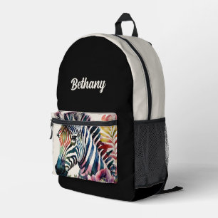 Zebra Floral Watercolor Art Black Beige Printed Backpack