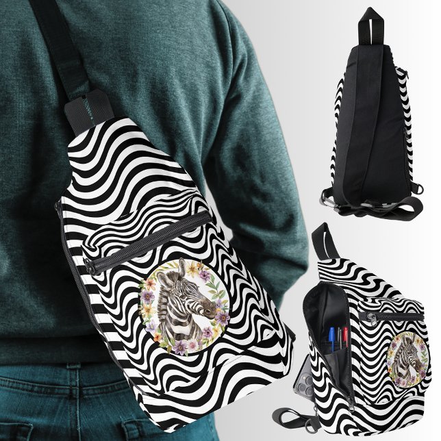 Zebra Floral Wreath Black White Wavy Stripes Sling Bag (Zebra Floral Wreath Black White Wavy Stripes Sling Bag)