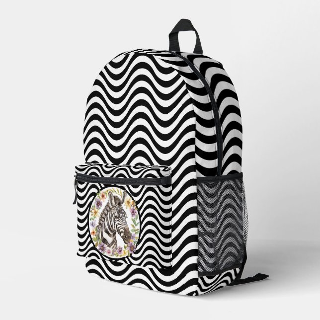 Zebra Flowers Black White Wavy Stripes Psychedelic Printed Backpack (Back Corner Right)