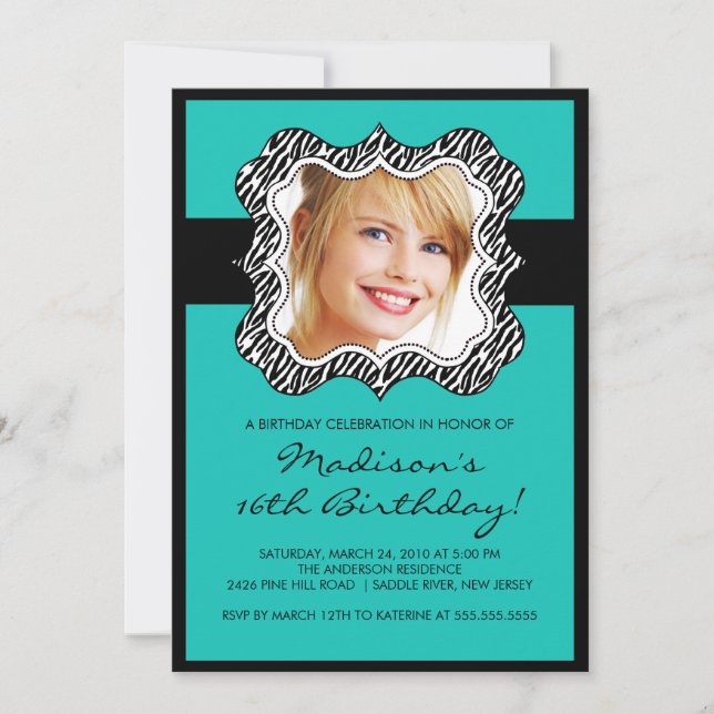 Zebra Frame Photo Sweet Sixteen Birthday Inviation Invitation (Front)