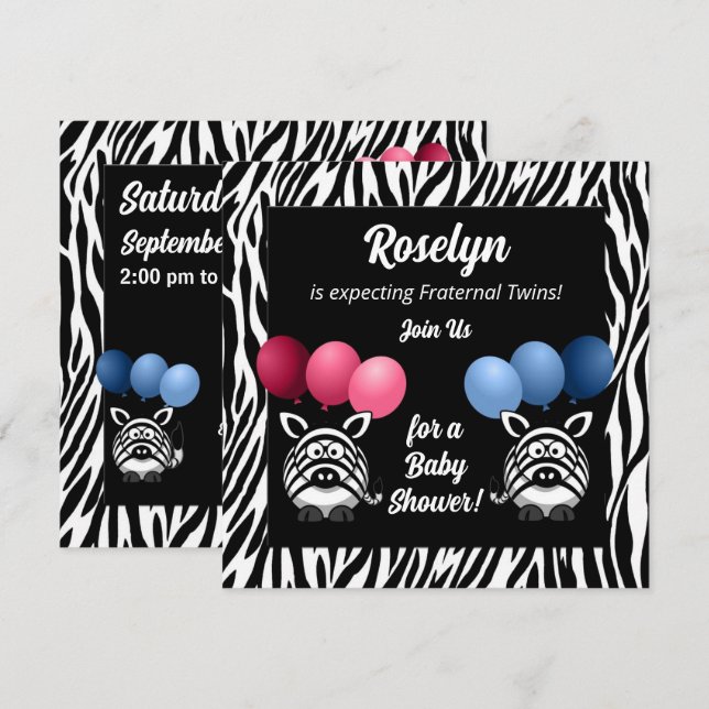 Zebra Fraternal Twins on Black Baby Shower Invitation (Front/Back)