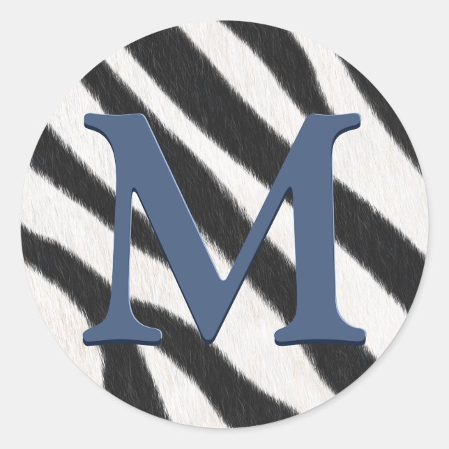 Zebra Fur Animal Print Blue Grey Monogram Classic Round Sticker (Front)