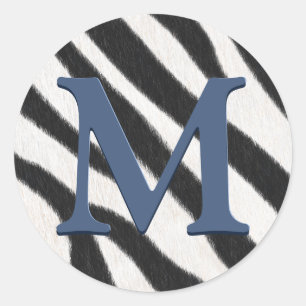 Zebra Fur Animal Print Blue Grey Monogram Classic Round Sticker