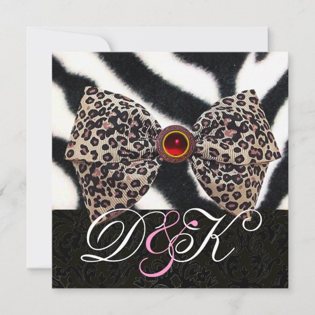 ZEBRA FUR,LEOPARD SKIN BOW ,BLACK DAMASK MONOGRAM INVITATION (Front)