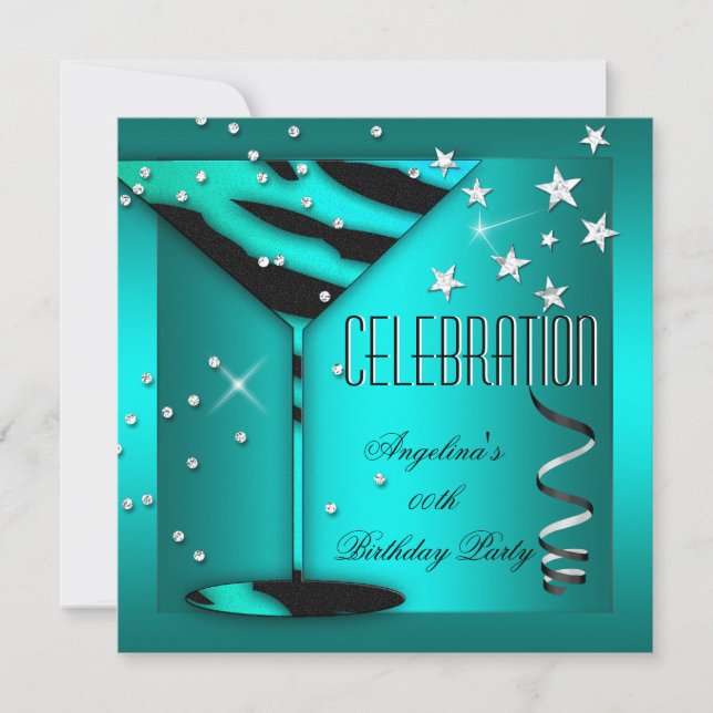 Zebra Glass Teal Blue Celebration Birthday Party Invitation (Front)