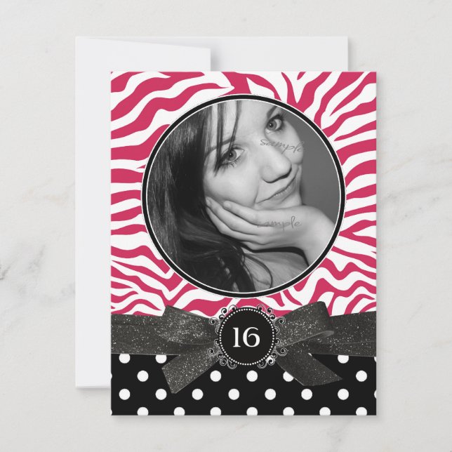 Zebra Glitter and Polkadots Photo Sweet 16 Pink Invitation (Front)