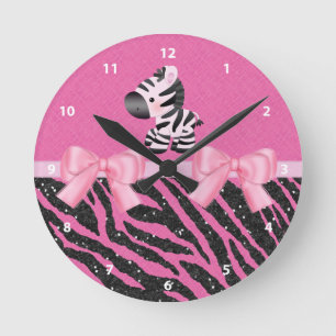 Zebra, Glitter & Bows Pink & Black Animal Print Round Clock
