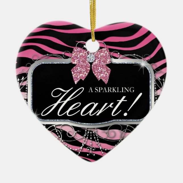 Zebra Glitter Heart Diamond Bow Cute Ceramic Tree Decoration (Front)