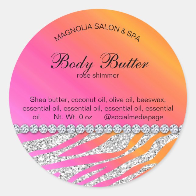 Zebra Glitter Silver Pink Classic Round Sticker (Front)