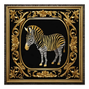 Zebra gold and black ornamental frame poster