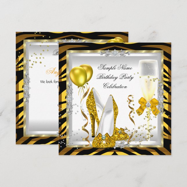 Zebra Gold Glitter Heels Yellow Birthday Party Invitation (Front/Back)