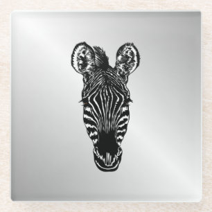 Zebra Head on Silver Glass Coaster
