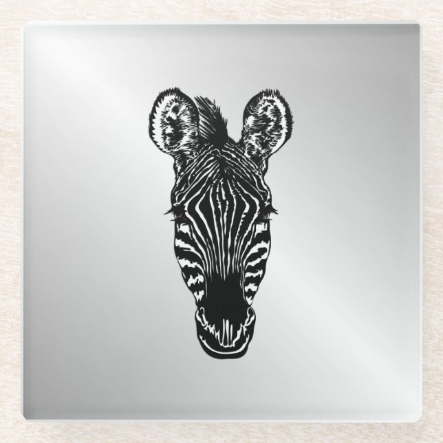 Zebra Head on Silver Glass Coaster (Front)