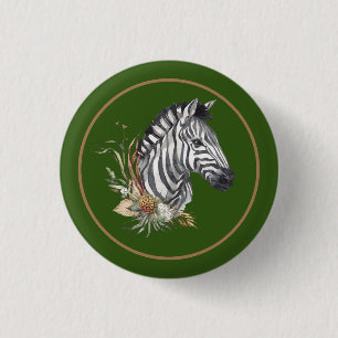 Zebra head savanna flowers watercolor illustration 3 cm round badge